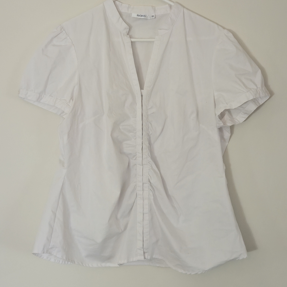 Ricki's Sz 18 White Mandarin Collar Ruched V-Neck Puff Sleeve Blouse Minimalist - Picture 4 of 16